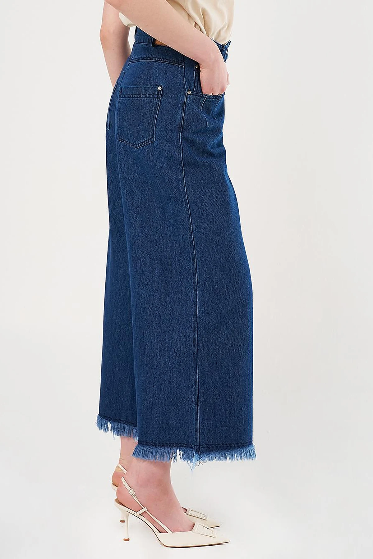 Distressed High-Waist Denim Pants Navy