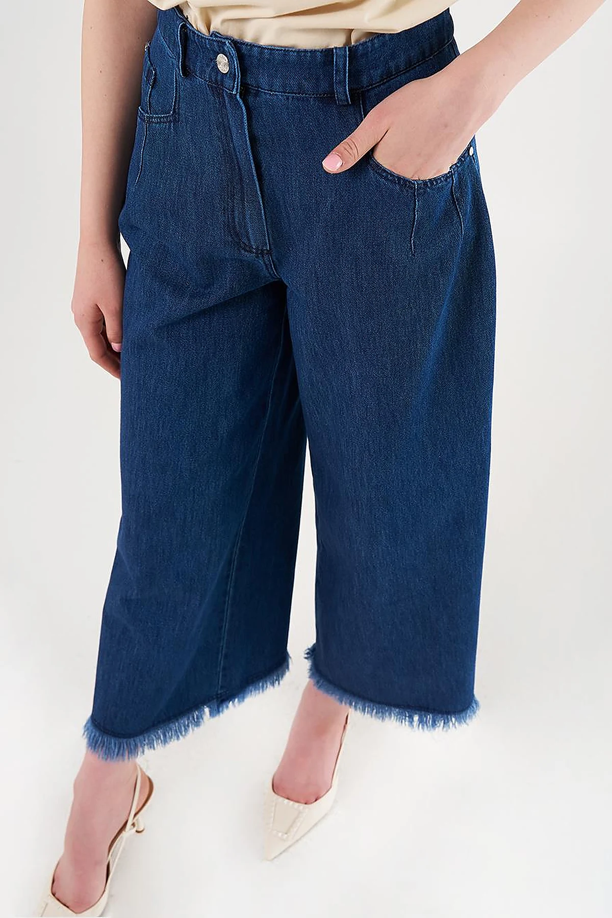 Distressed High-Waist Denim Pants Navy