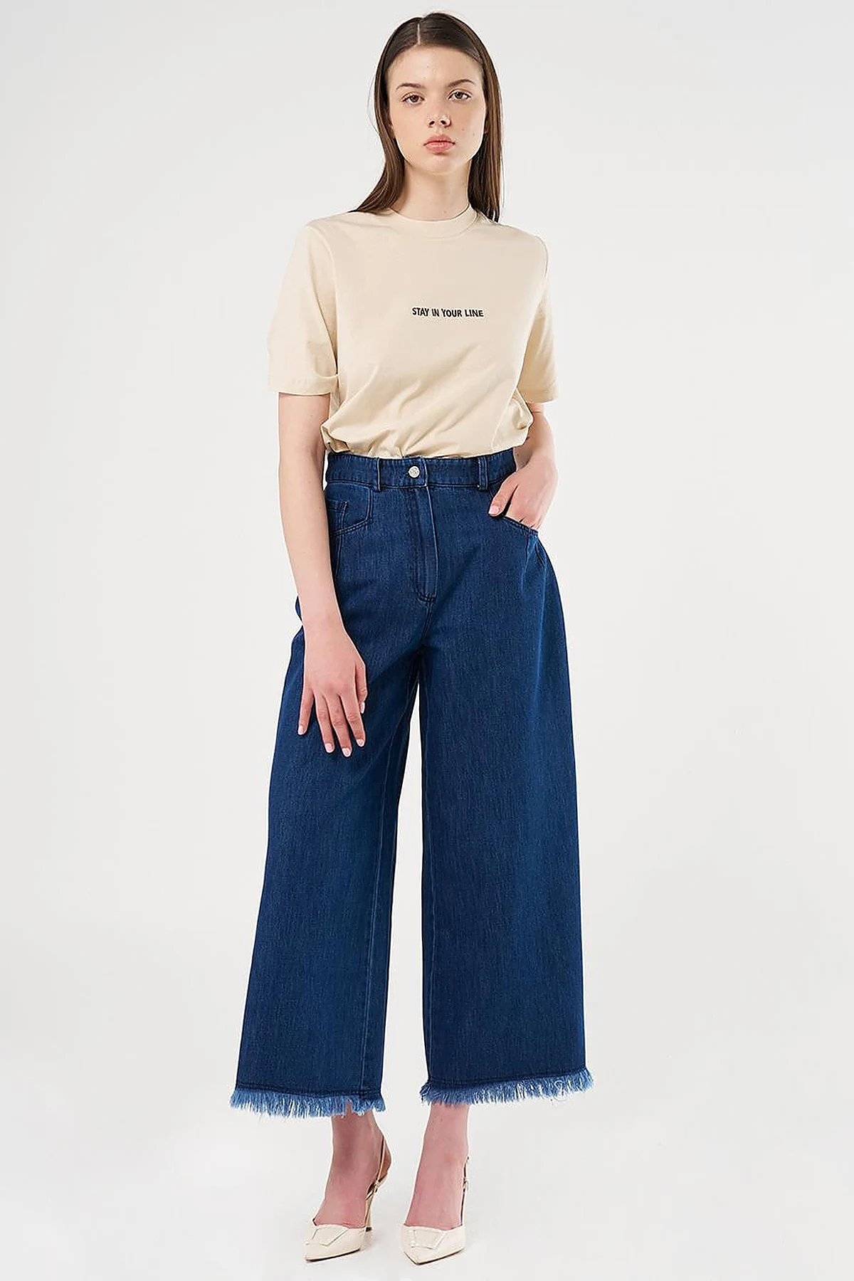 Distressed High-Waist Denim Pants Navy