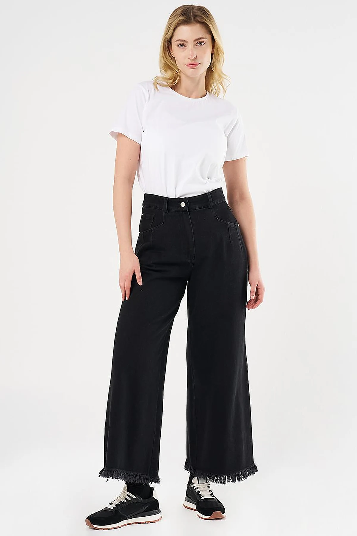 Distressed High-Waist Denim Pants Black