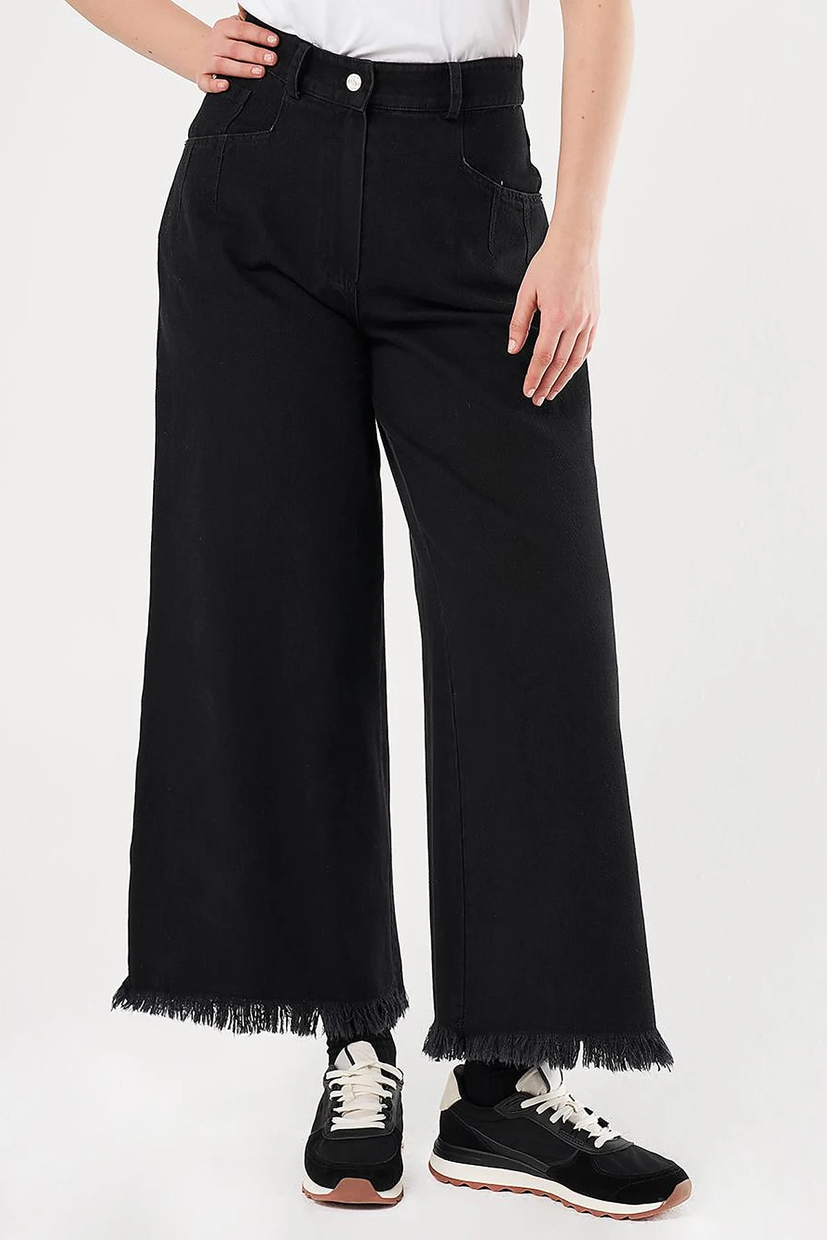 Distressed High-Waist Denim Pants Black