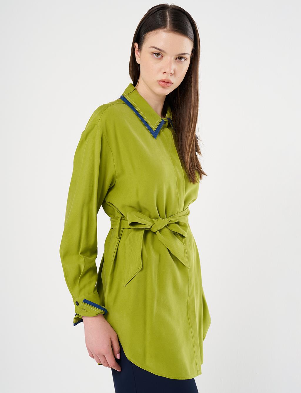 Belted Brooch Detail Tunic in Golden Lime