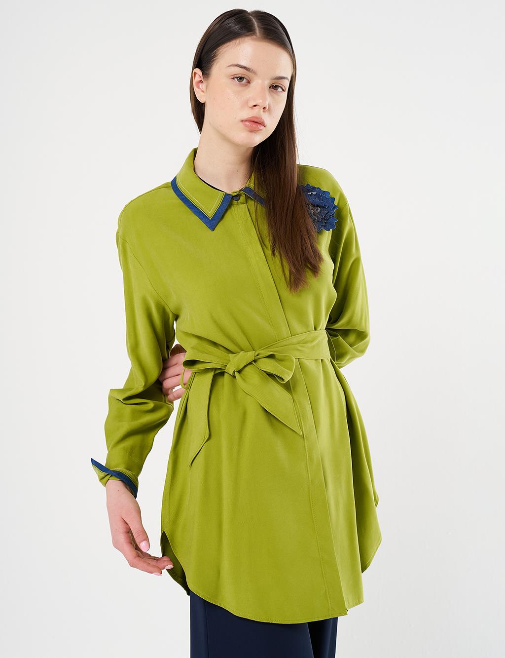 Belted Brooch Detail Tunic in Golden Lime