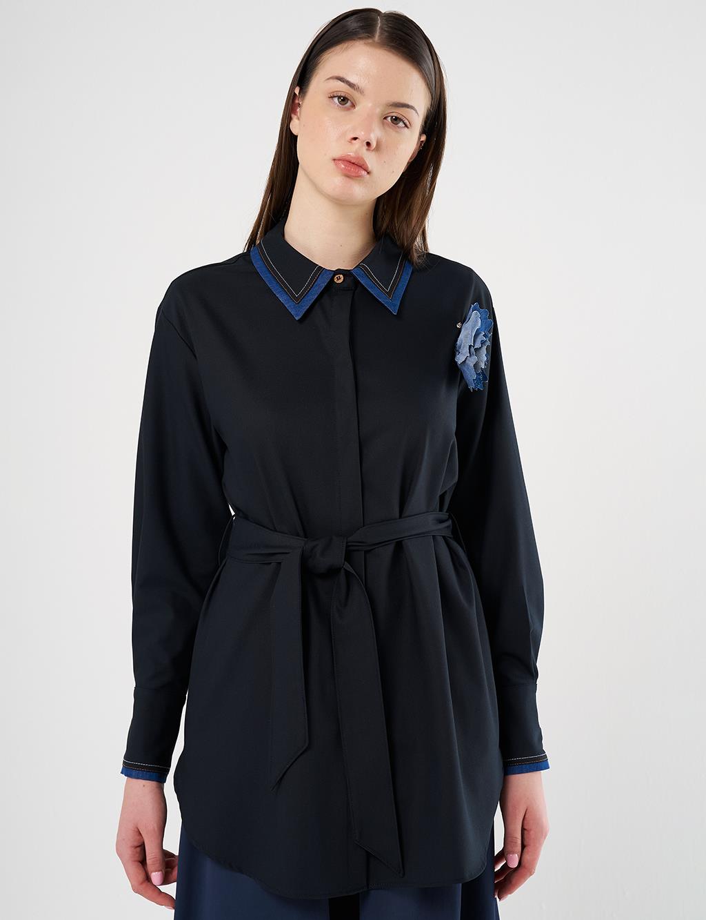 Belted Brooch Detail Tunic in Navy