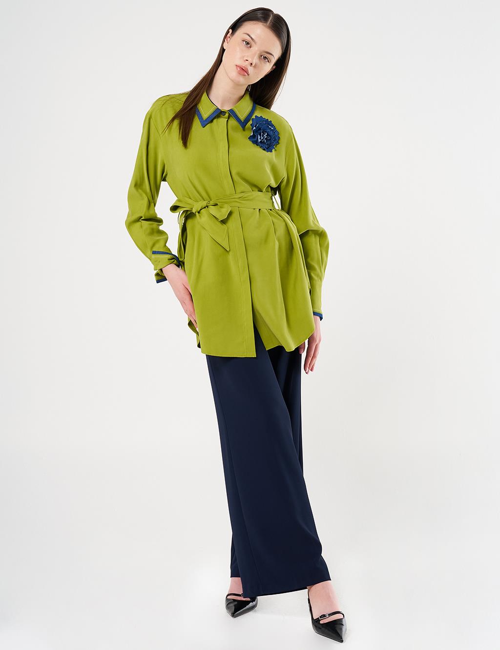 Belted Brooch Detail Tunic in Golden Lime
