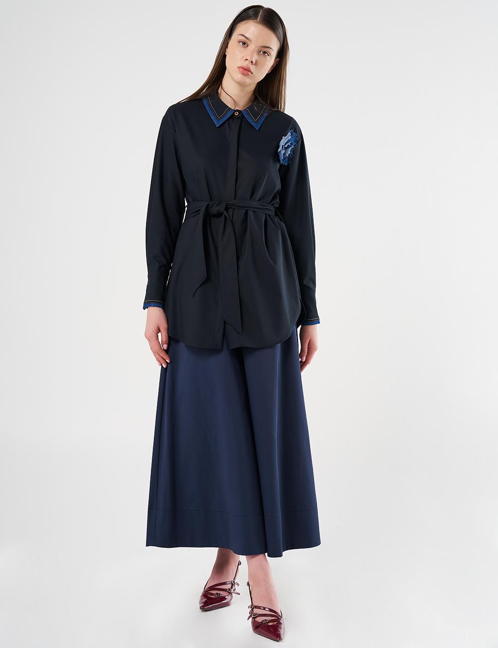 Belted Brooch Detail Tunic in Navy