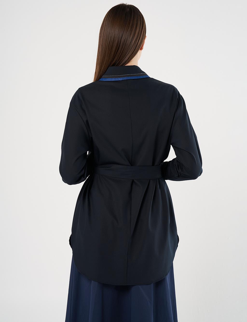 Belted Brooch Detail Tunic in Navy