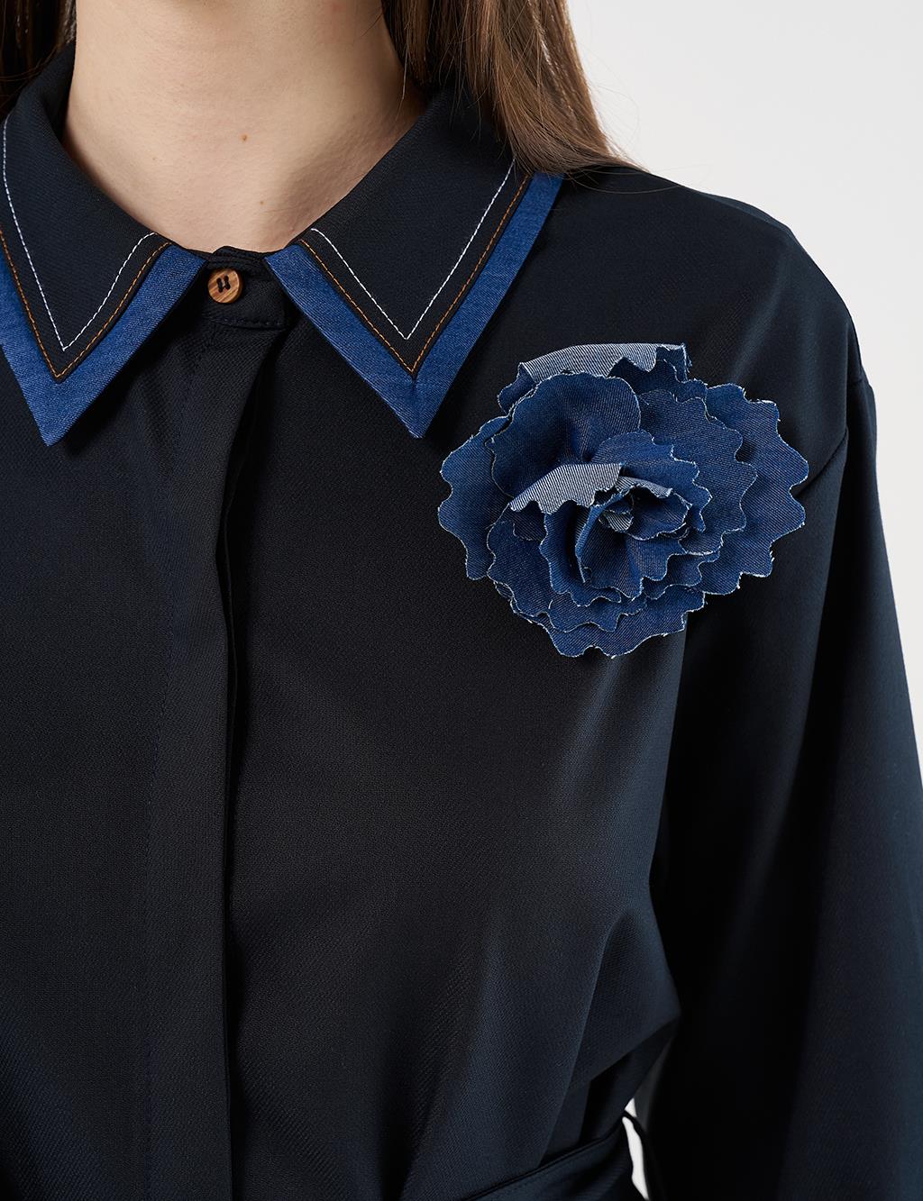 Belted Brooch Detail Tunic in Navy