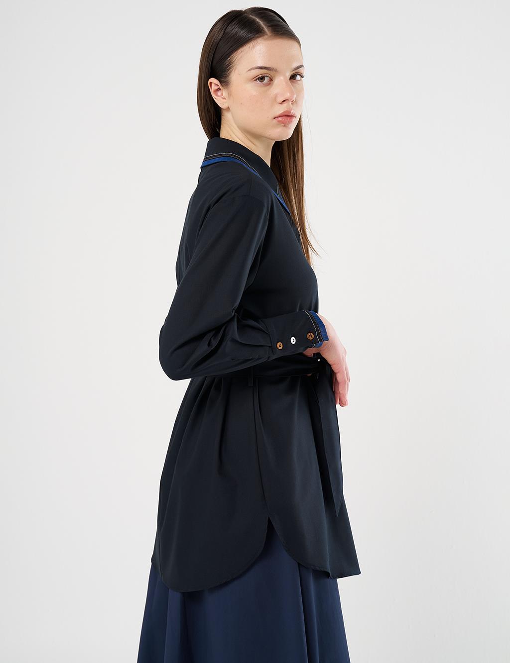 Belted Brooch Detail Tunic in Navy
