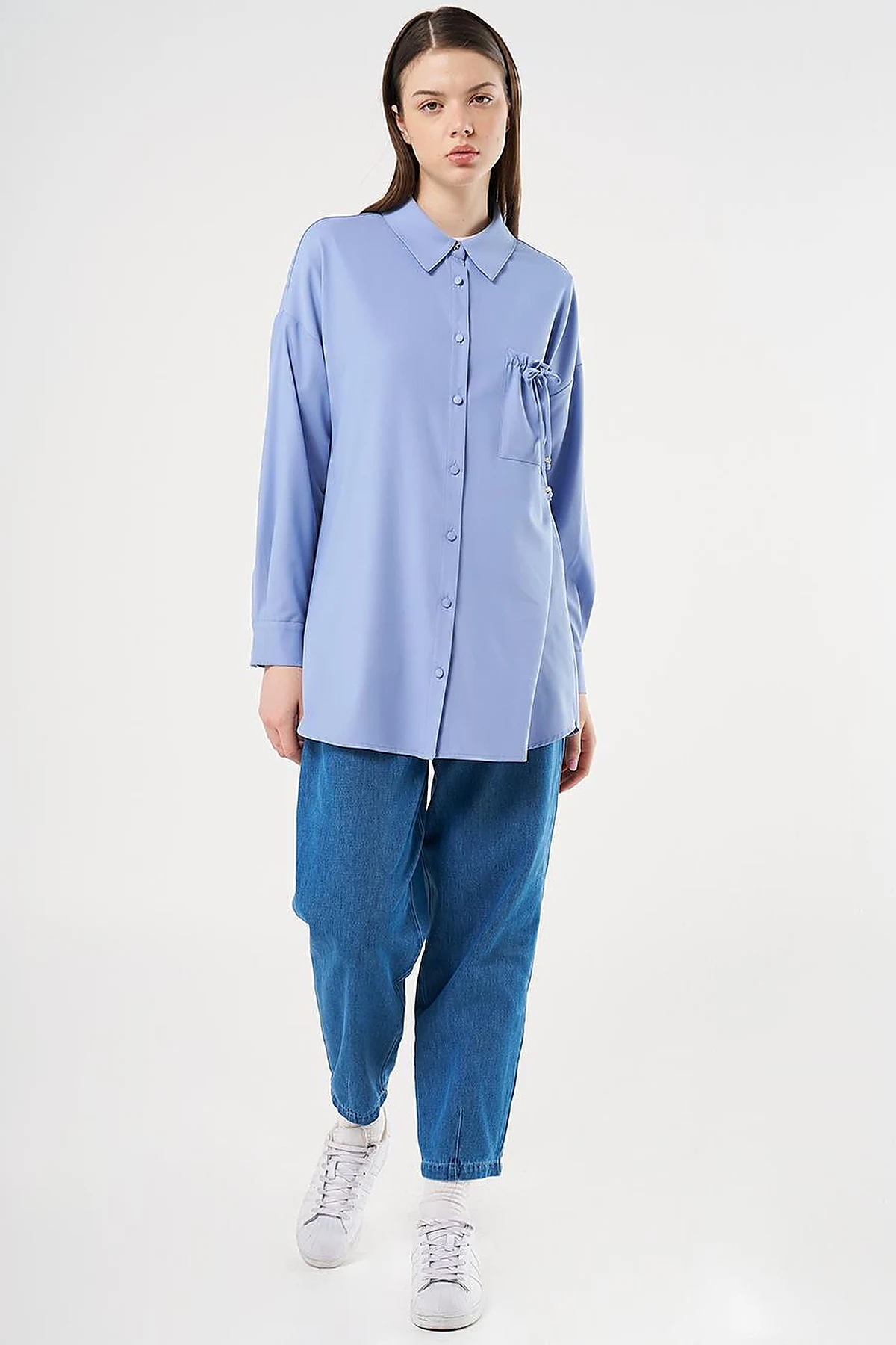 Lace-Up Back Shirt Collar Tunic, Sky Blue