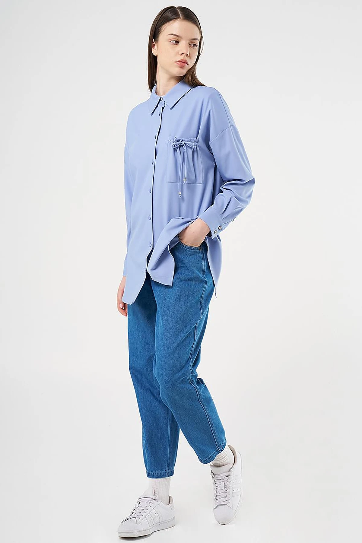 Lace-Up Back Shirt Collar Tunic, Sky Blue