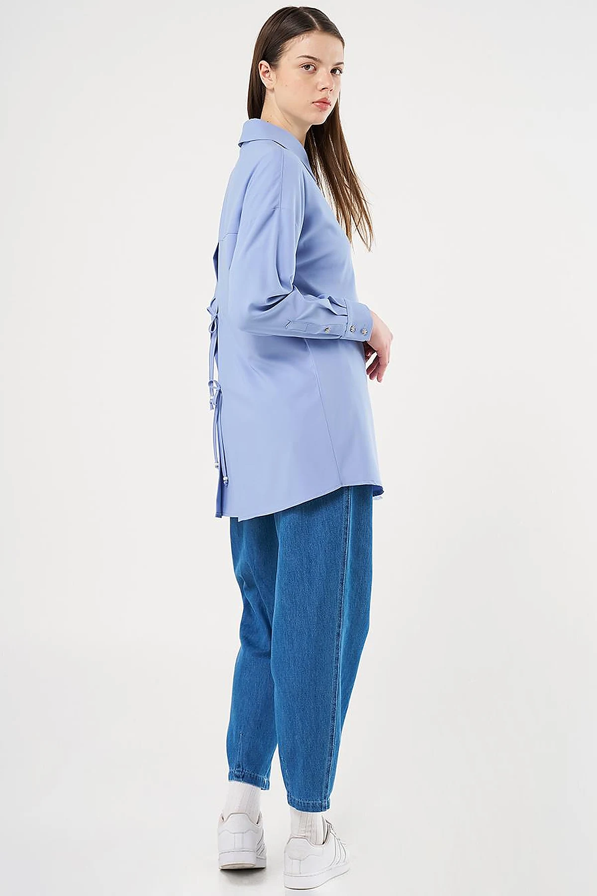Lace-Up Back Shirt Collar Tunic, Sky Blue