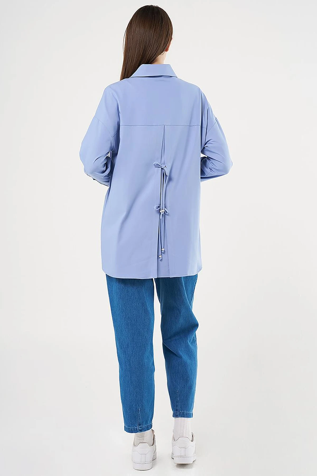 Lace-Up Back Shirt Collar Tunic, Sky Blue