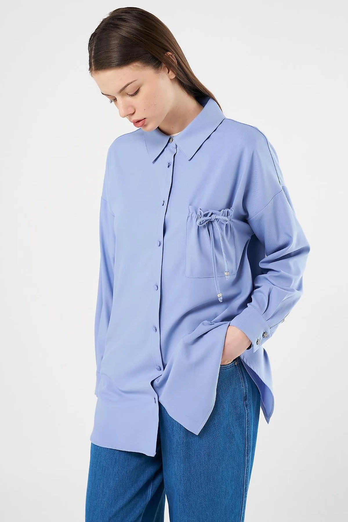 Lace-Up Back Shirt Collar Tunic, Sky Blue