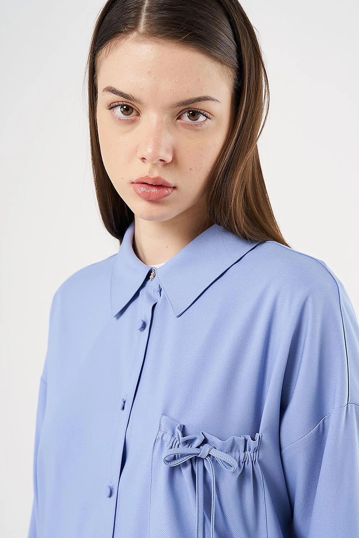 Lace-Up Back Shirt Collar Tunic, Sky Blue