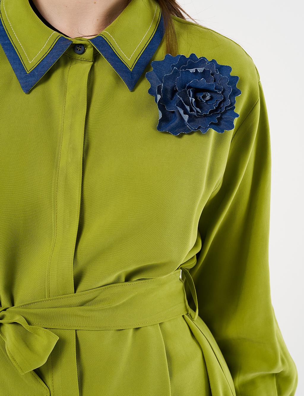 Belted Brooch Detail Tunic in Golden Lime