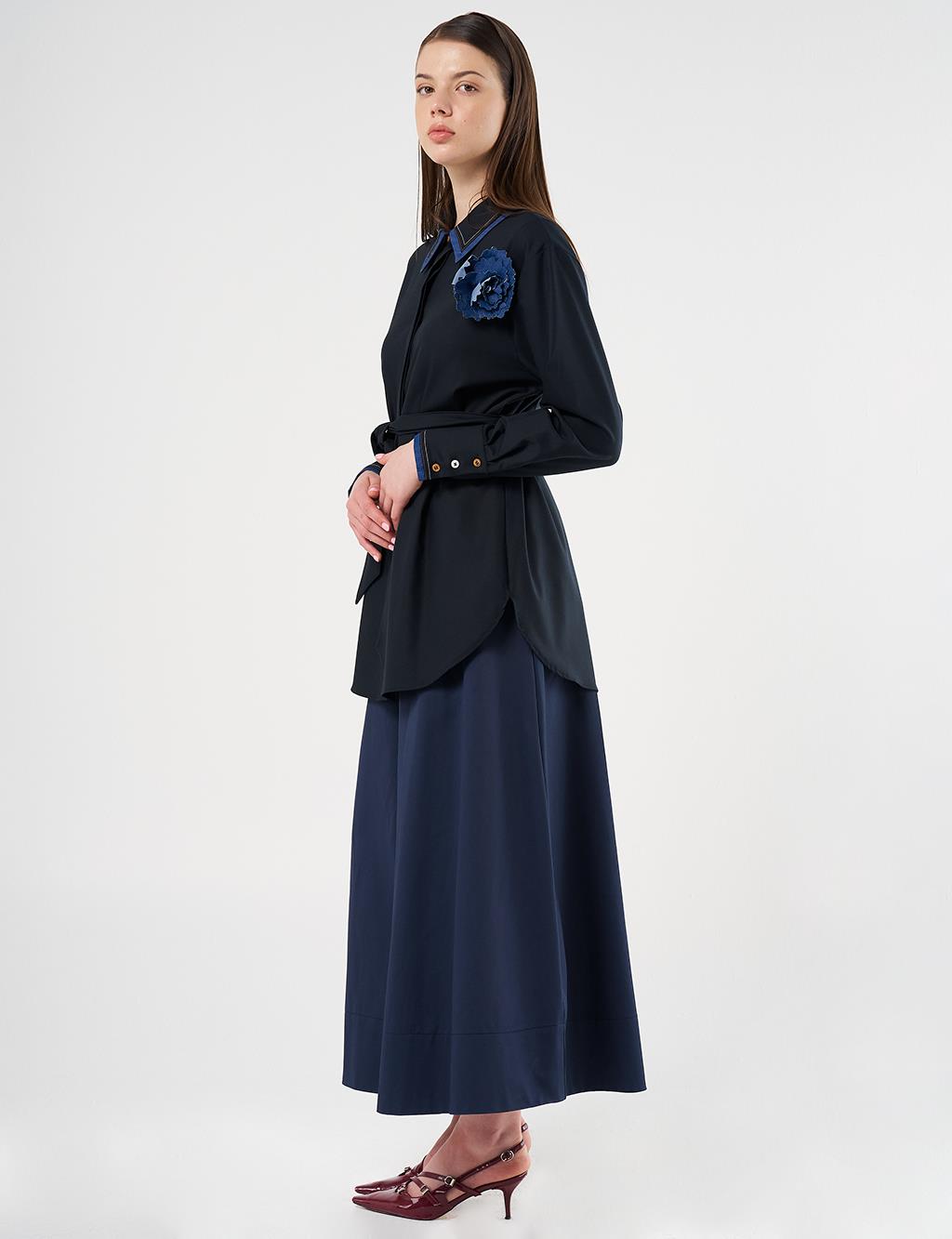 Belted Brooch Detail Tunic in Navy