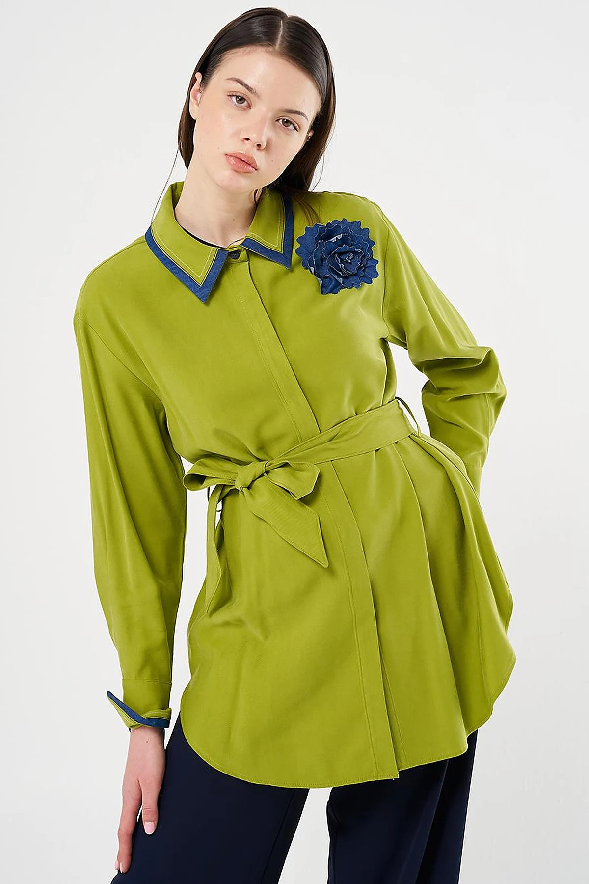 Belted Brooch Detail Tunic in Golden Lime