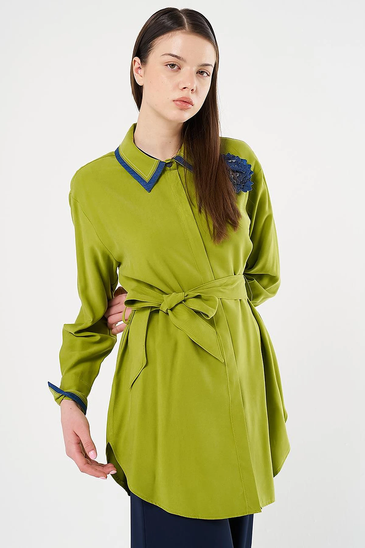 Belted Brooch Detail Tunic in Golden Lime