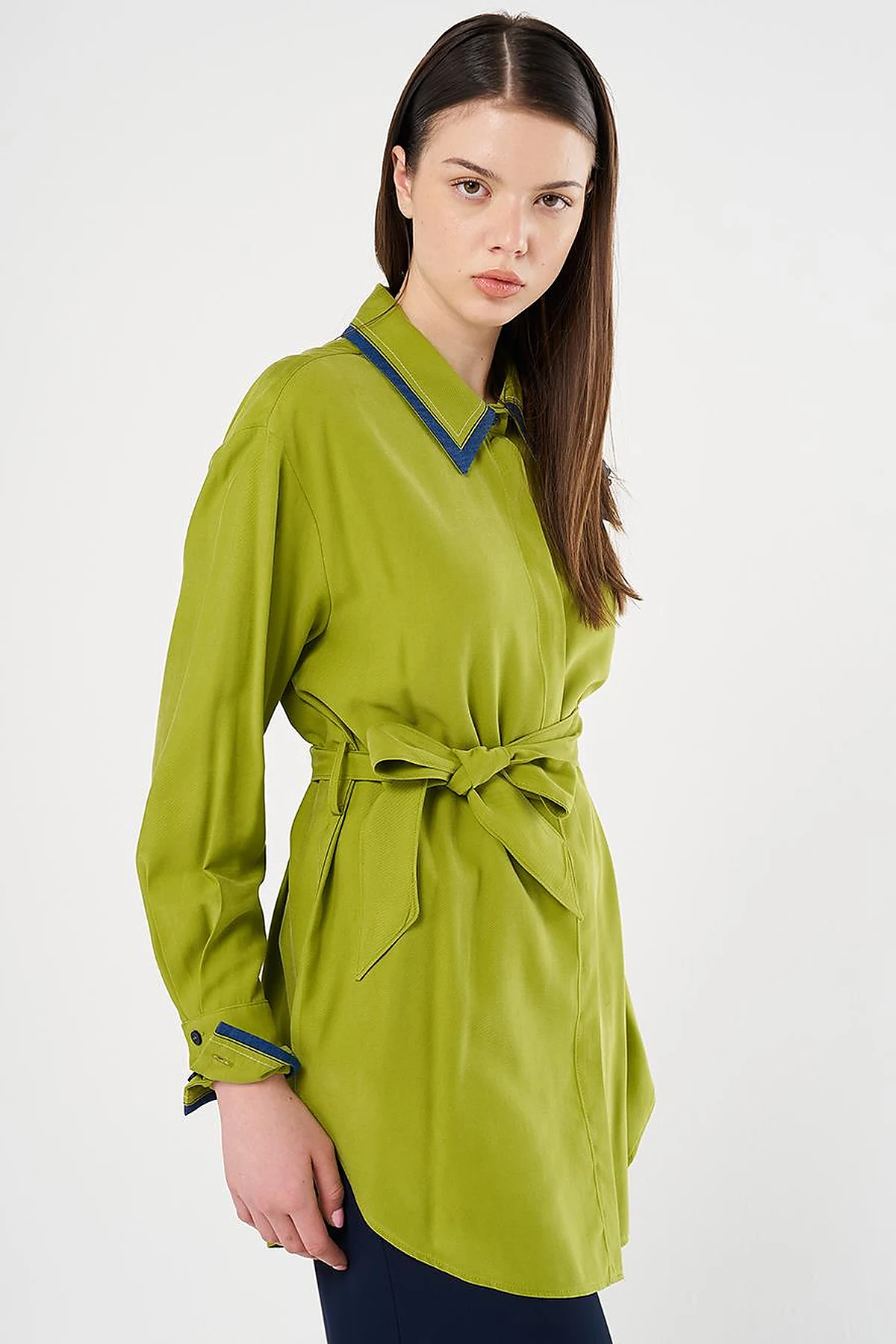 Belted Brooch Detail Tunic in Golden Lime