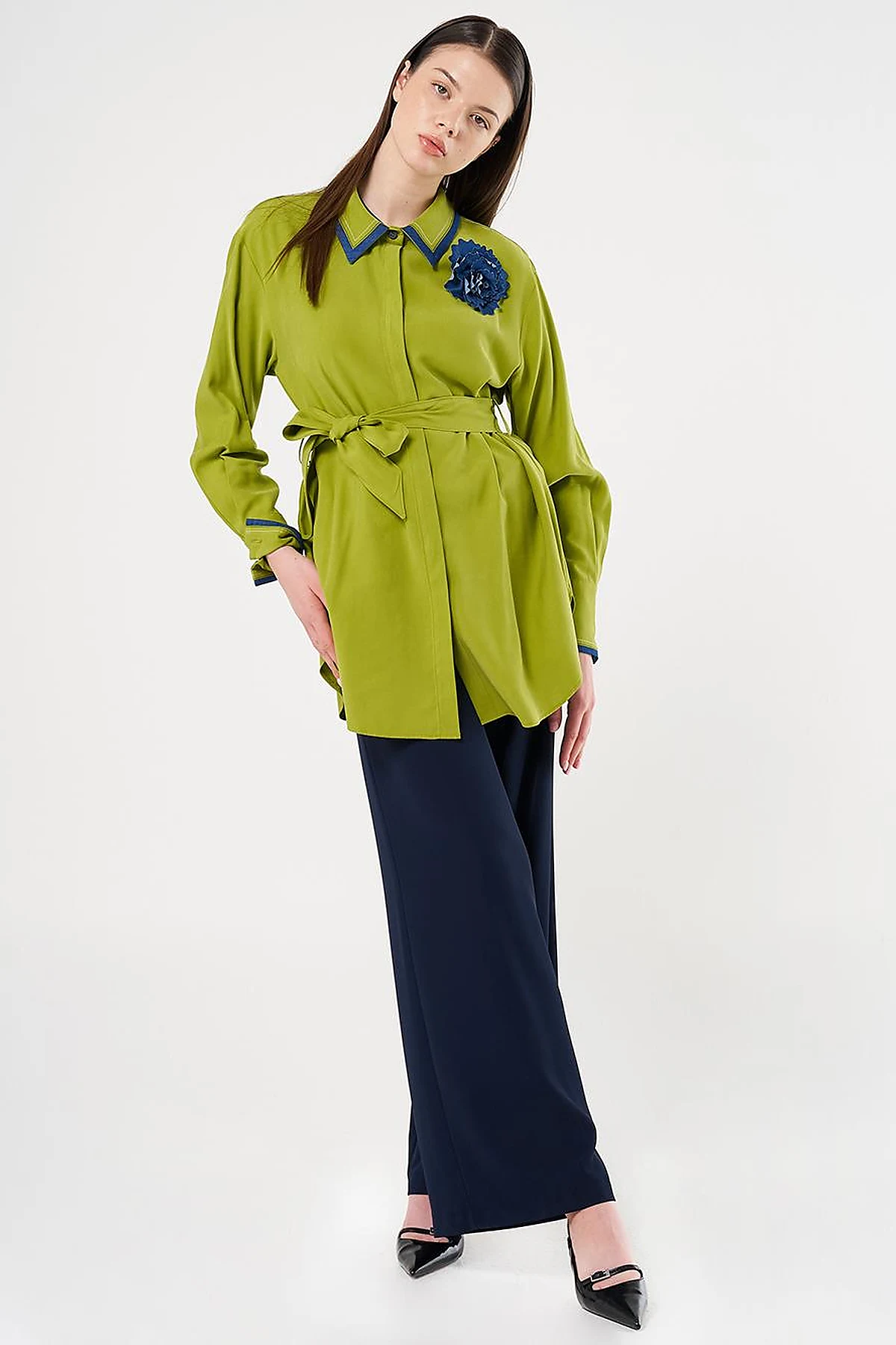 Belted Brooch Detail Tunic in Golden Lime
