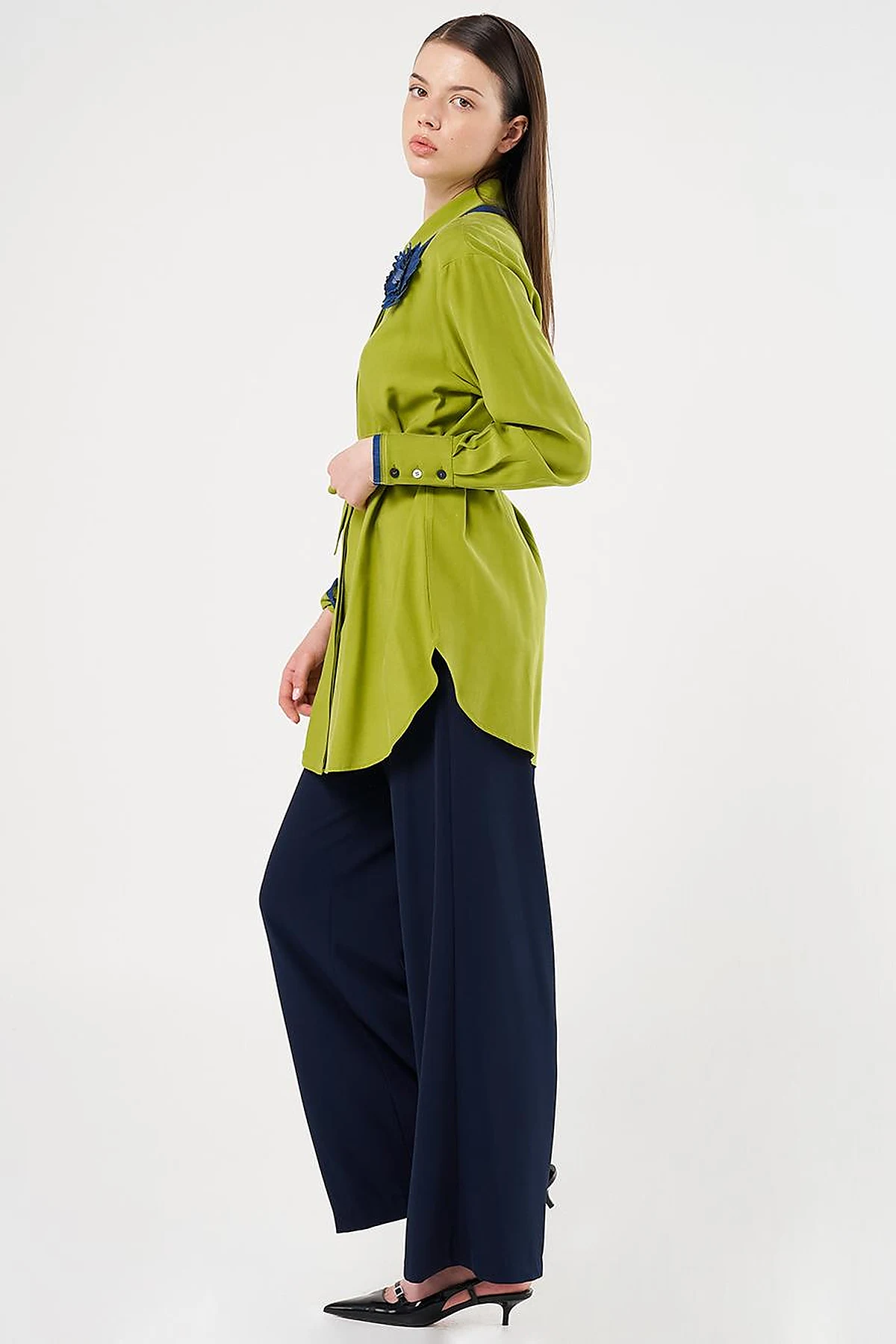Belted Brooch Detail Tunic in Golden Lime