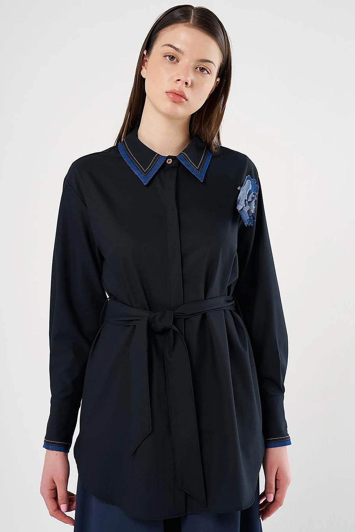 Belted Brooch Detail Tunic in Navy