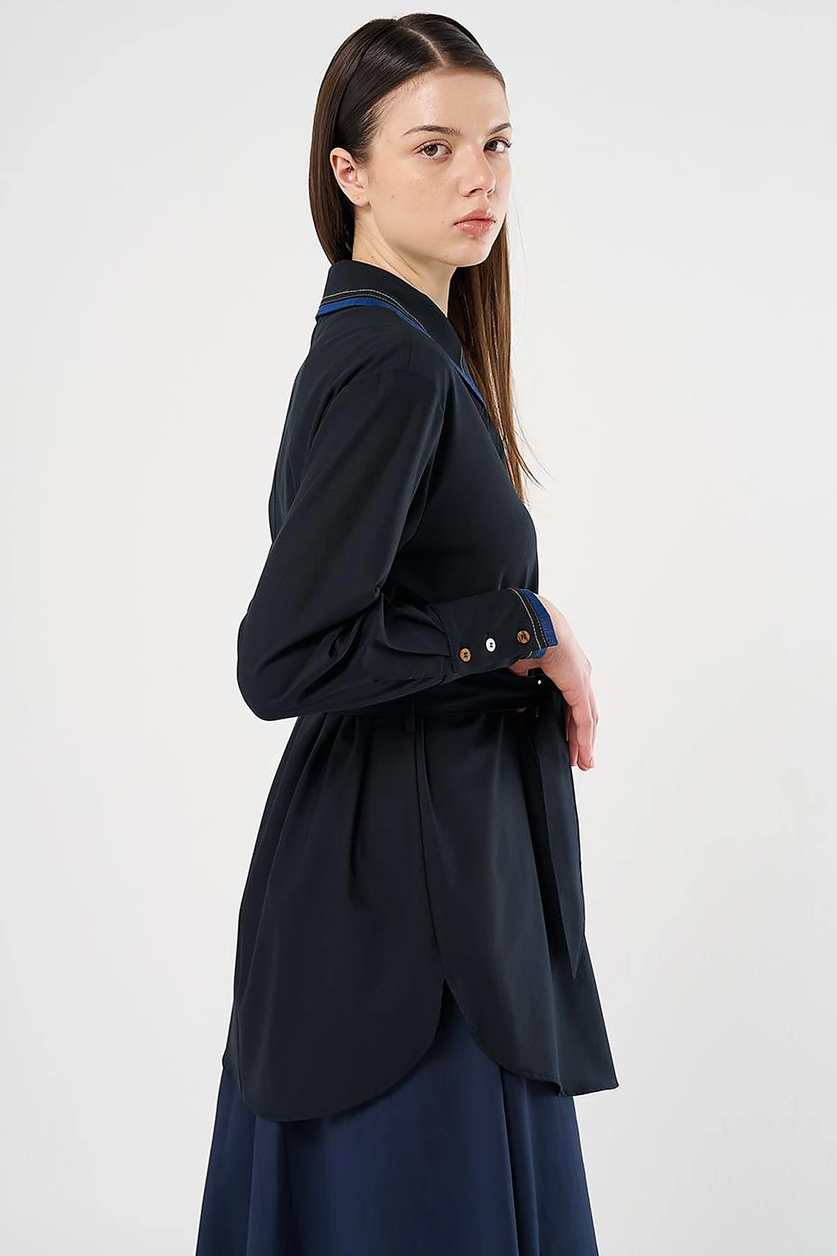 Belted Brooch Detail Tunic in Navy