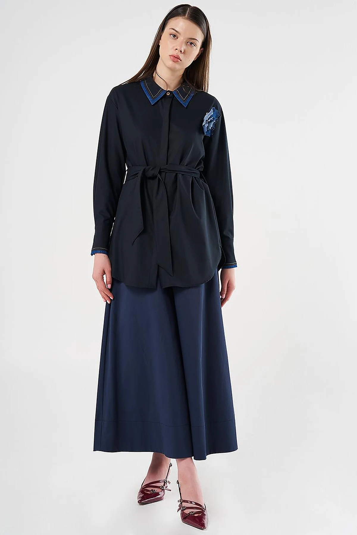 Belted Brooch Detail Tunic in Navy