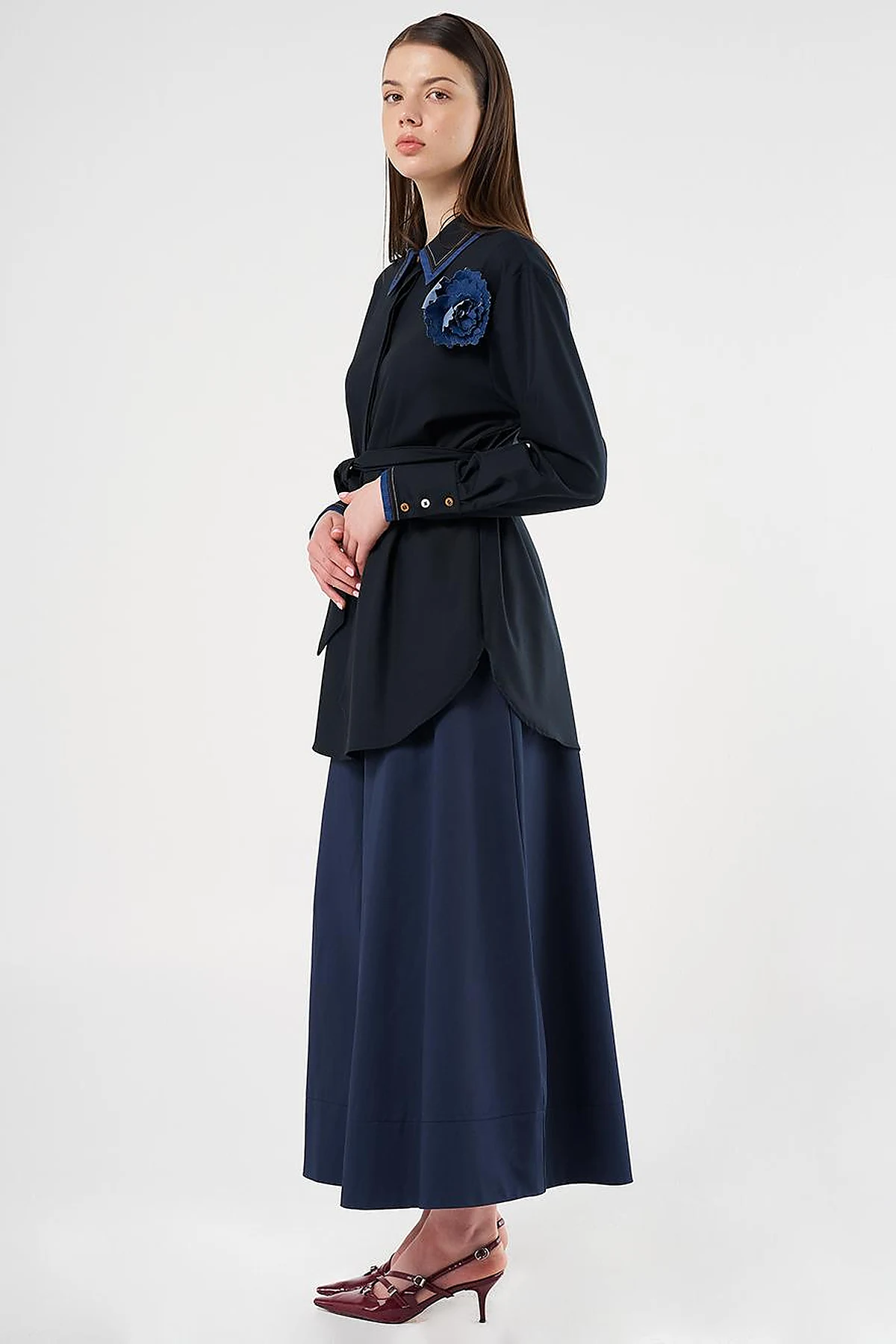 Belted Brooch Detail Tunic in Navy
