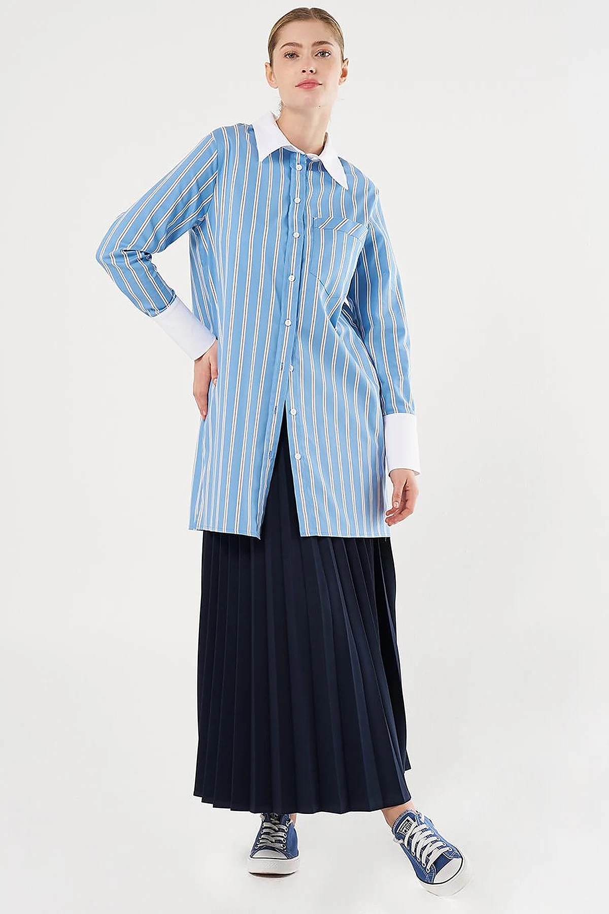 Slogan Embroidered Striped Tunic in Crown Blue