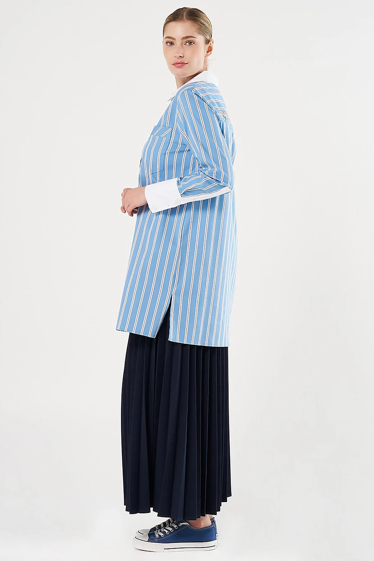 Slogan Embroidered Striped Tunic in Crown Blue