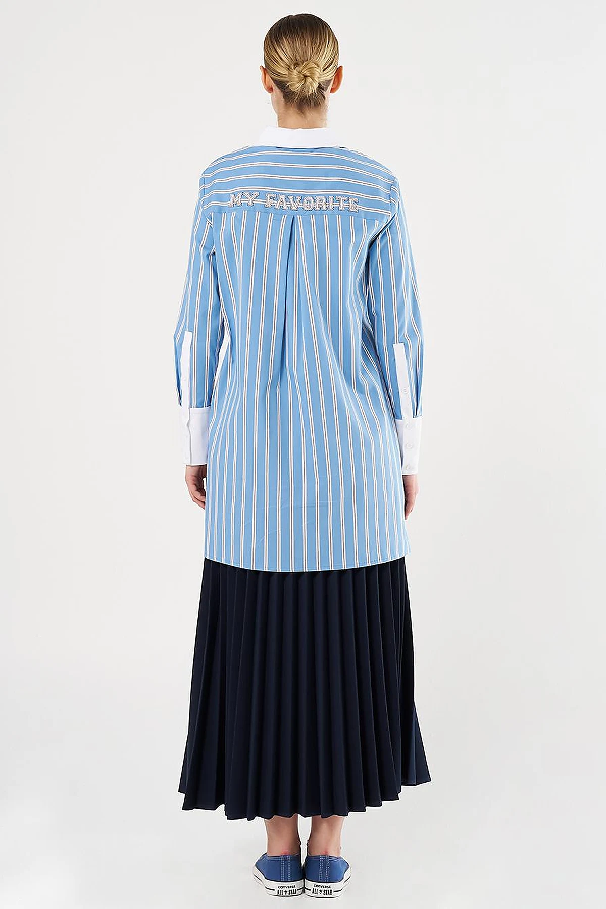 Slogan Embroidered Striped Tunic in Crown Blue