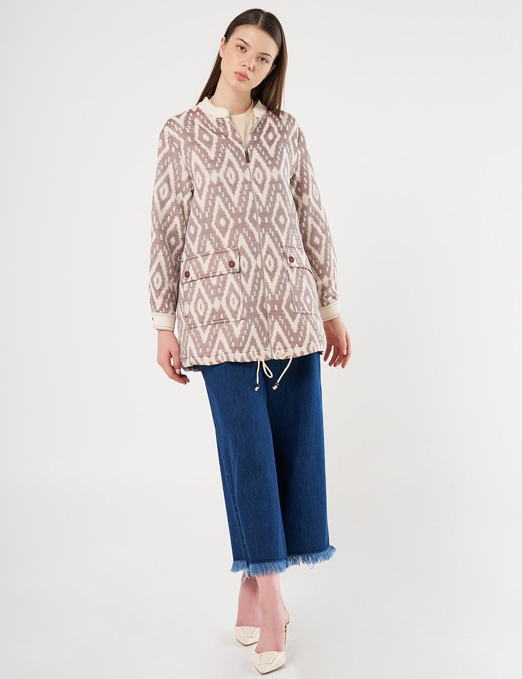 Wide-Pocket Denim Trim Jacket in Coffee
