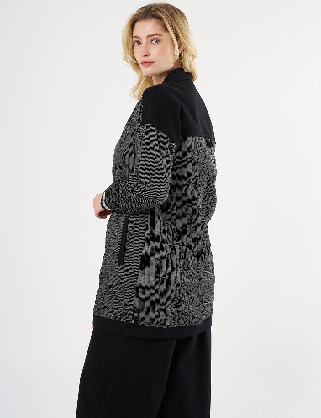  Crinkled Denim-Trimmed Jacket in Black