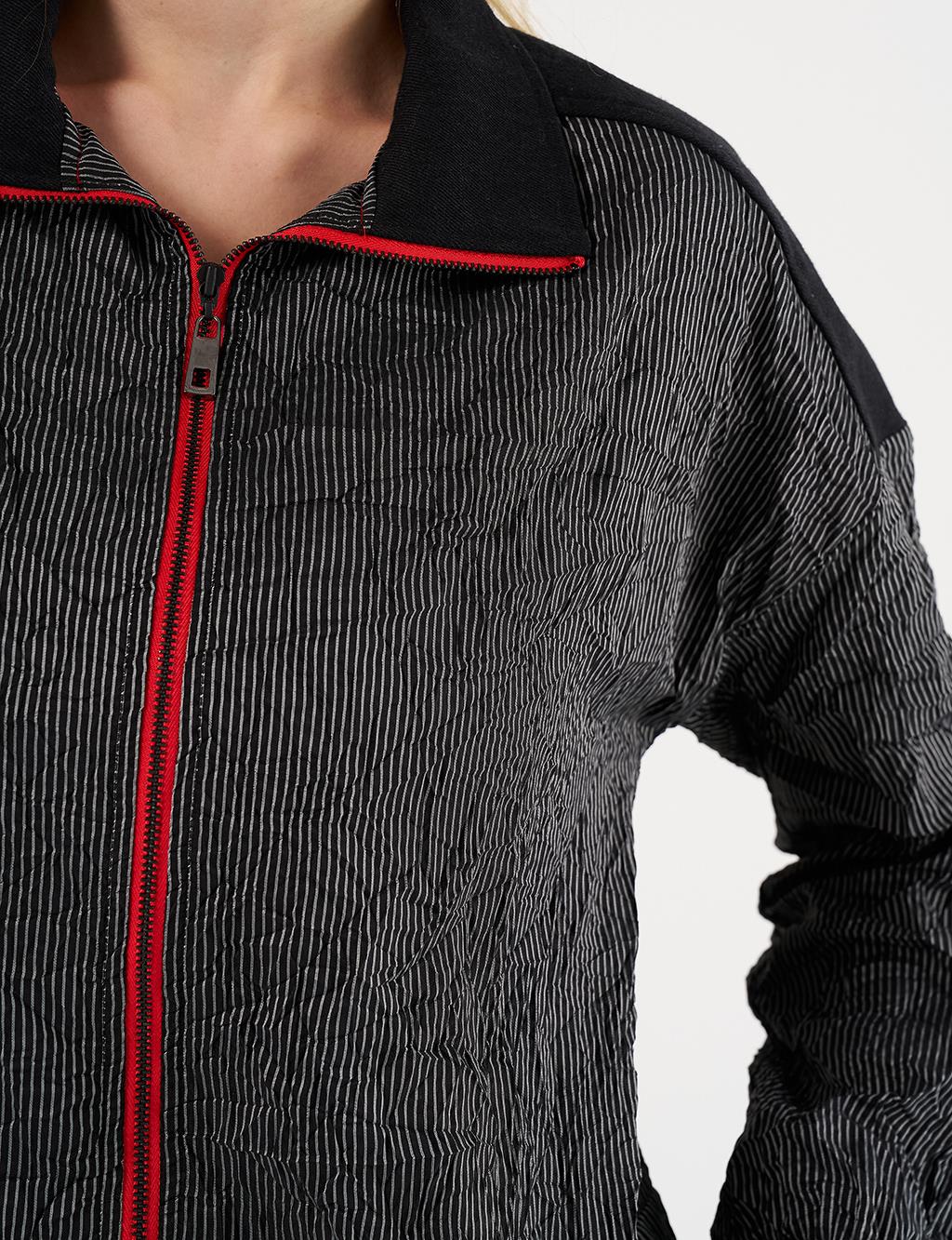  Crinkled Denim-Trimmed Jacket in Black