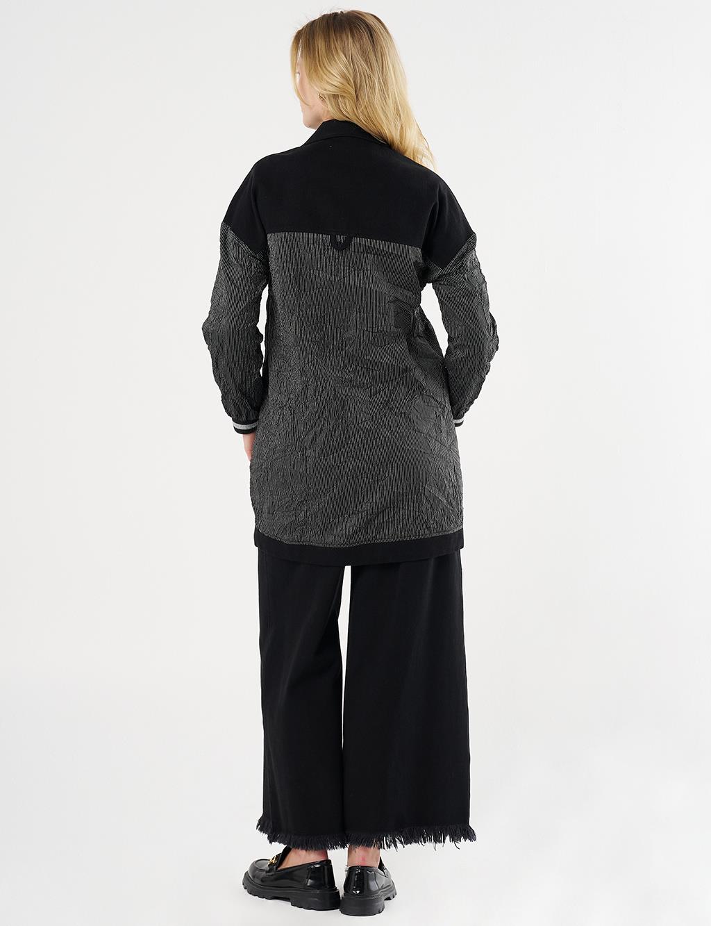  Crinkled Denim-Trimmed Jacket in Black
