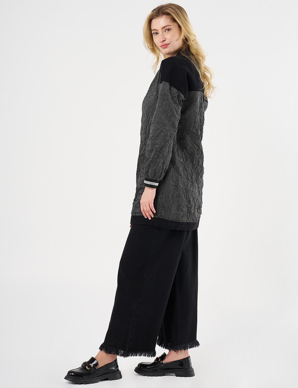  Crinkled Denim-Trimmed Jacket in Black