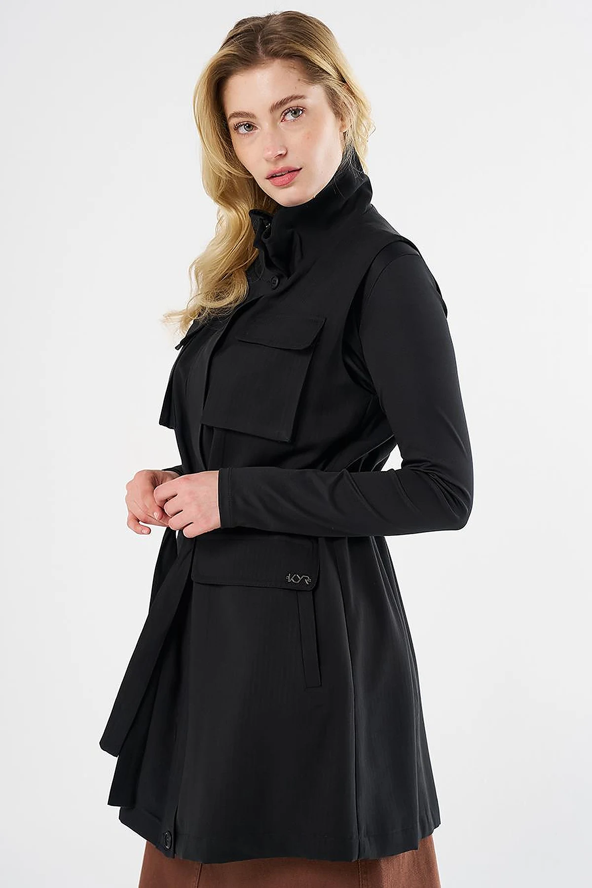Drawstring Waist Stand-up Collar Vest Black