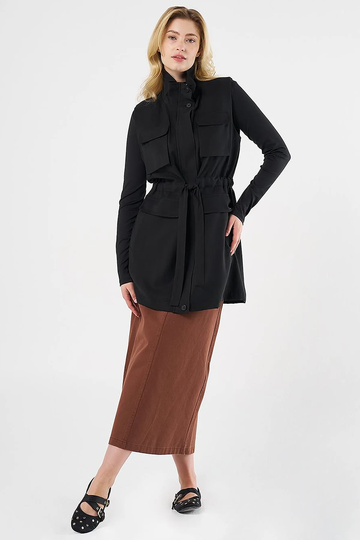 Drawstring Waist Stand-up Collar Vest Black