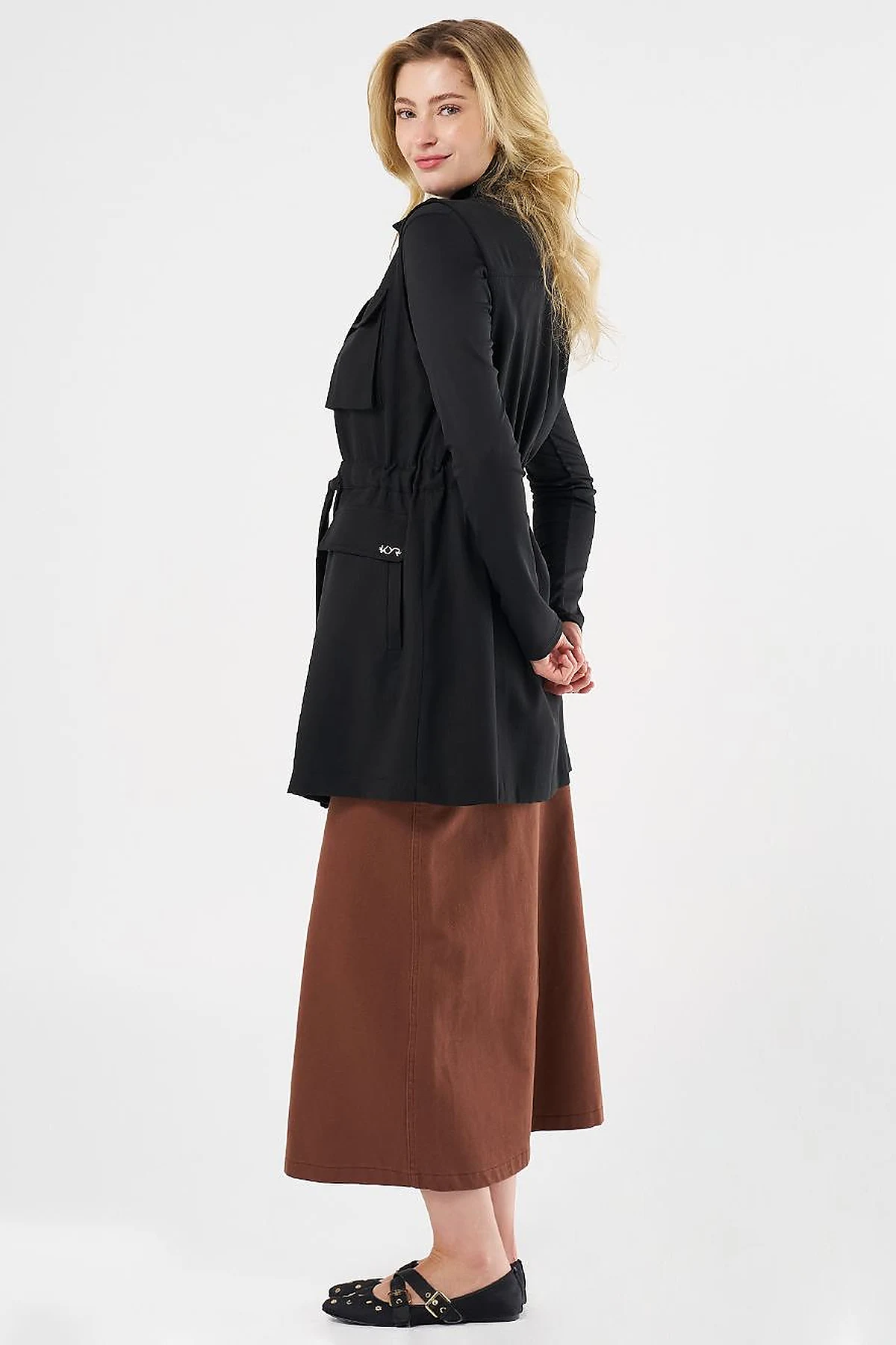 Drawstring Waist Stand-up Collar Vest Black