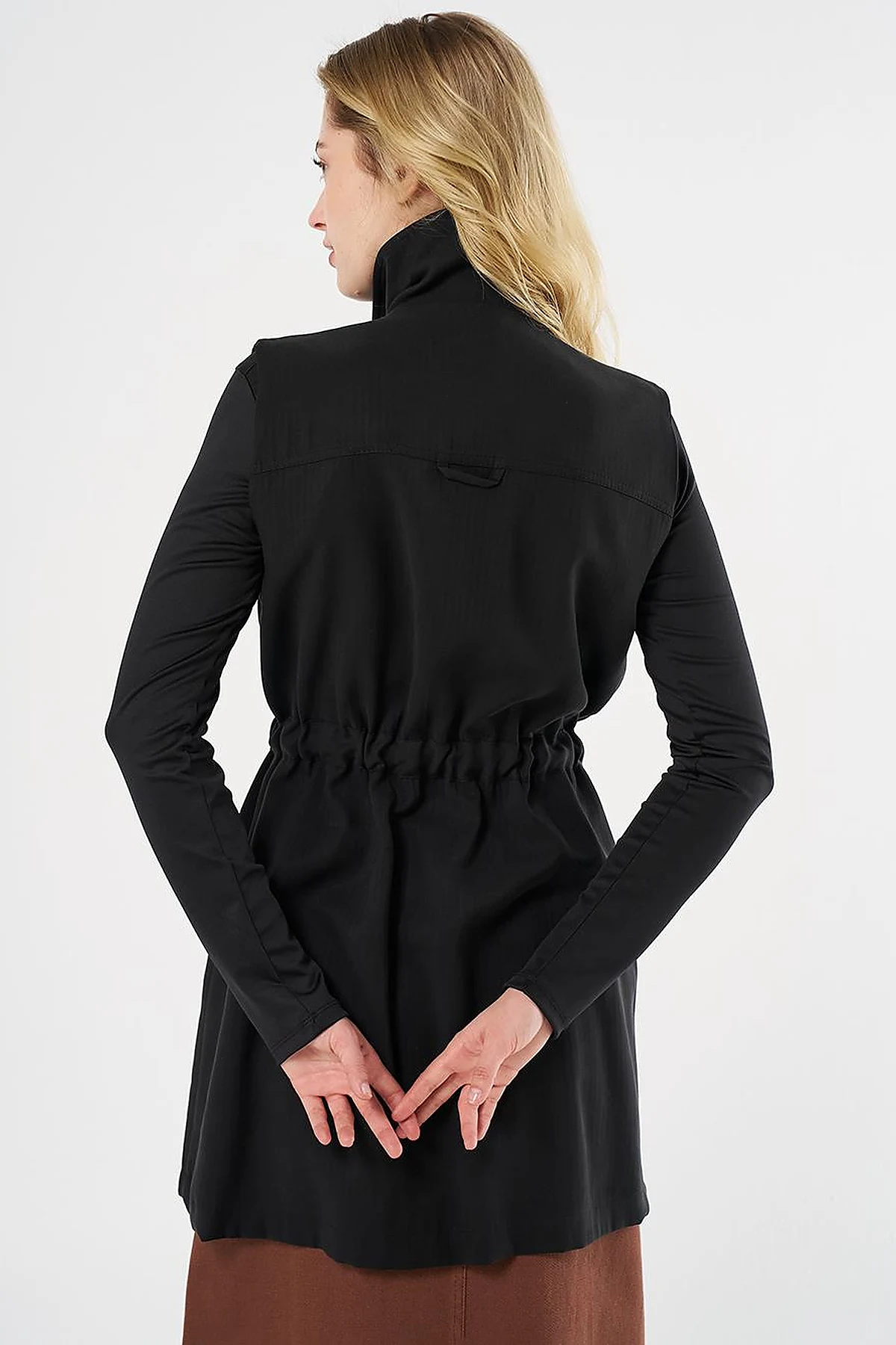 Drawstring Waist Stand-up Collar Vest Black