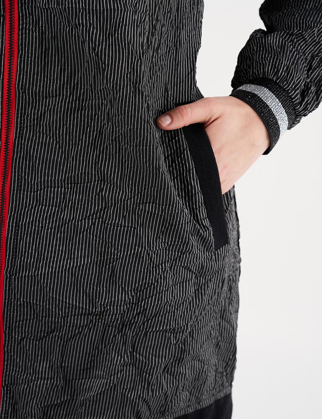  Crinkled Denim-Trimmed Jacket in Black
