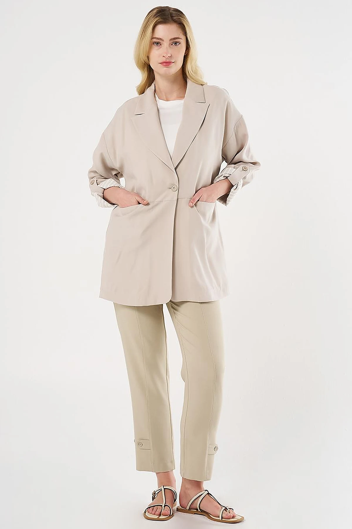 Foldable Cuffs Buttoned Jacket Stone