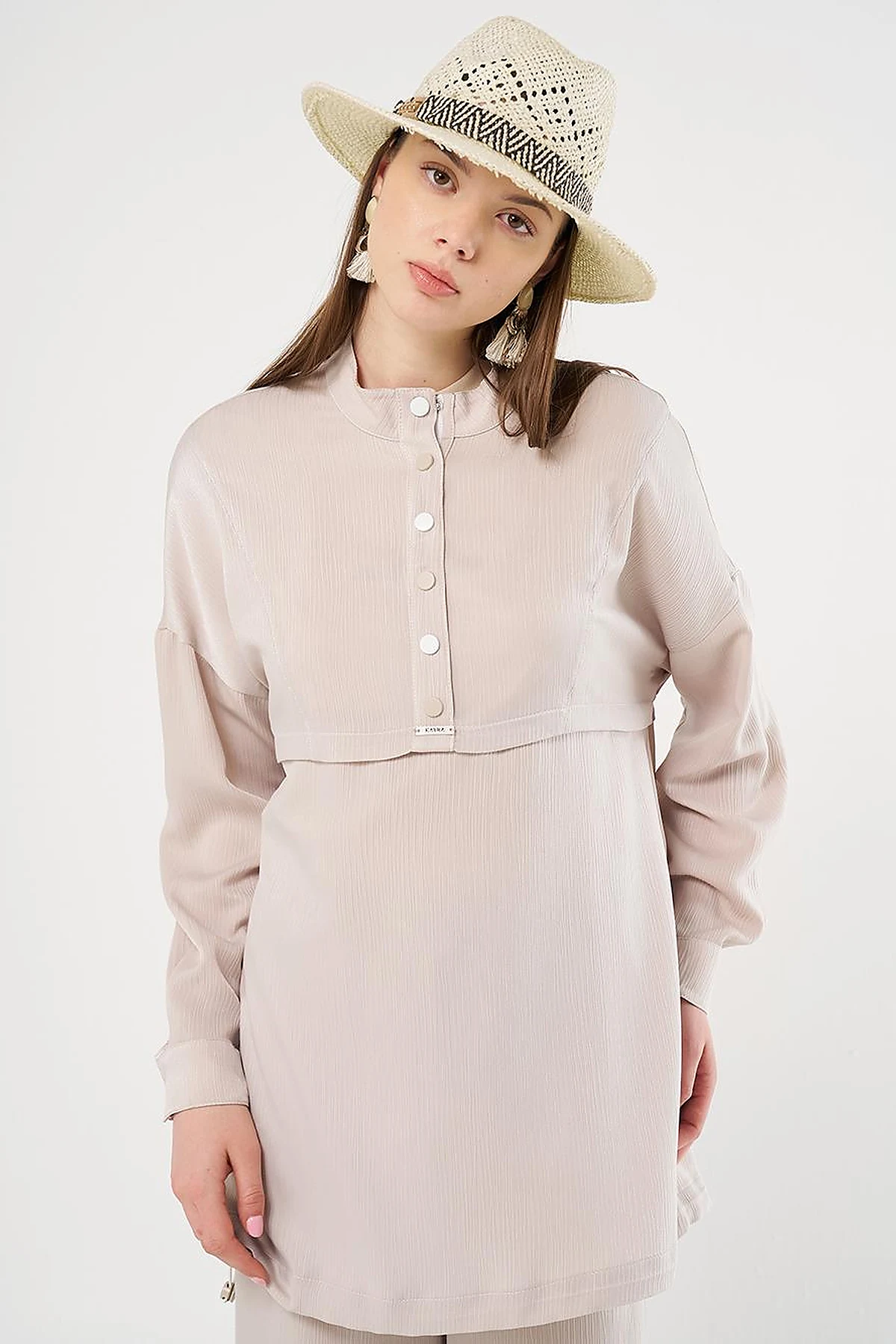 Snap-Button Closure High-Neck Sweatshirt in Stone