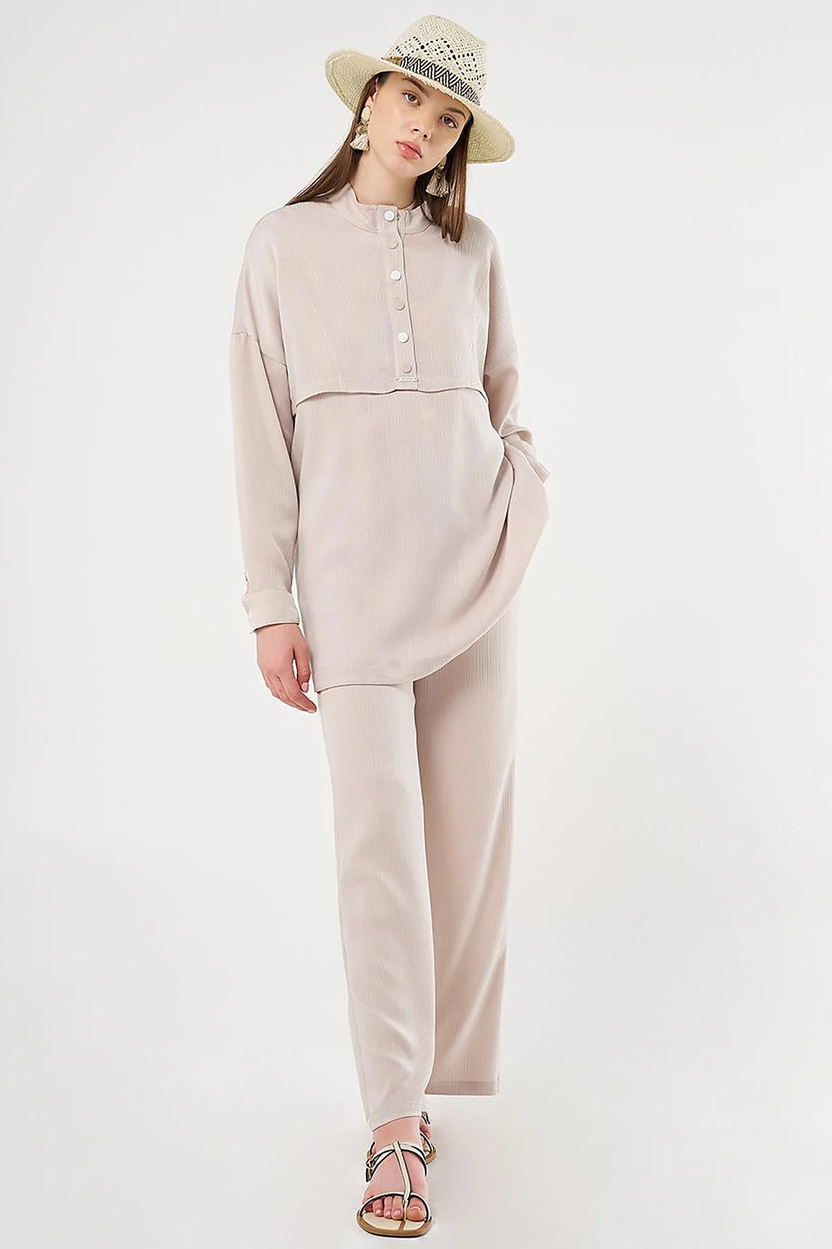 Snap-Button Closure High-Neck Sweatshirt in Stone