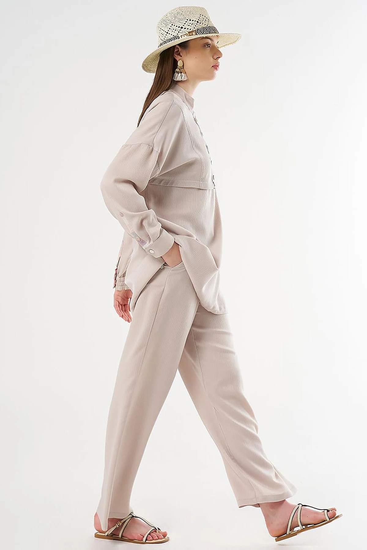 Snap-Button Closure High-Neck Sweatshirt in Stone