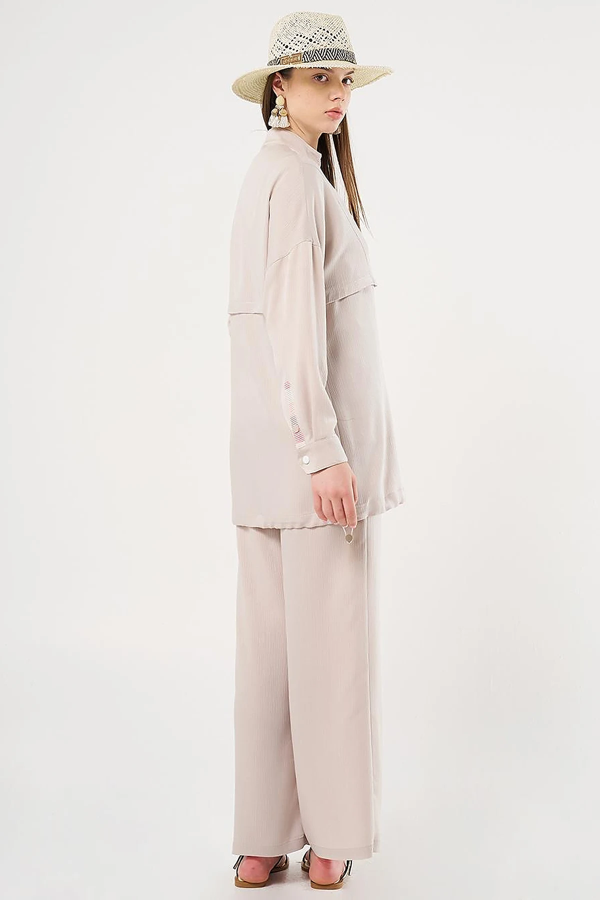 Snap-Button Closure High-Neck Sweatshirt in Stone