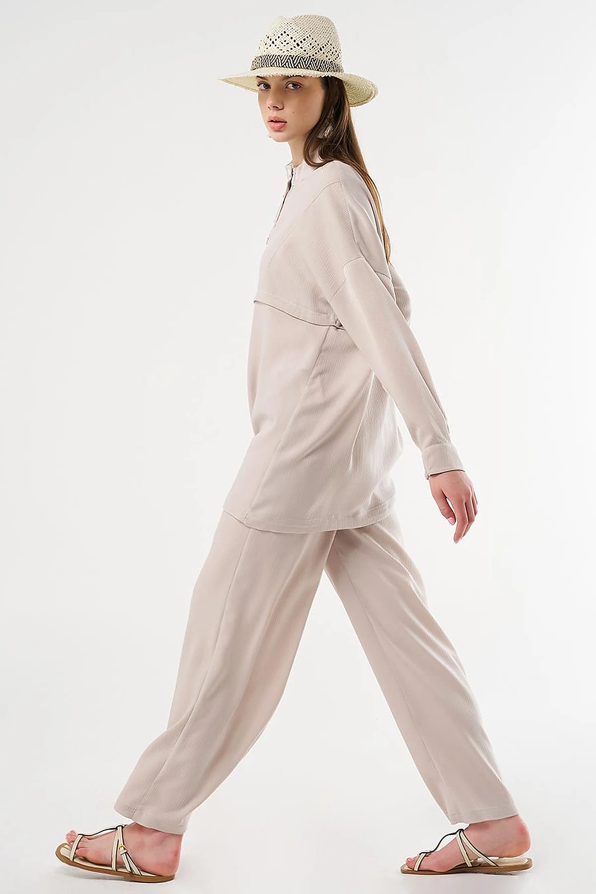 Snap-Button Closure High-Neck Sweatshirt in Stone