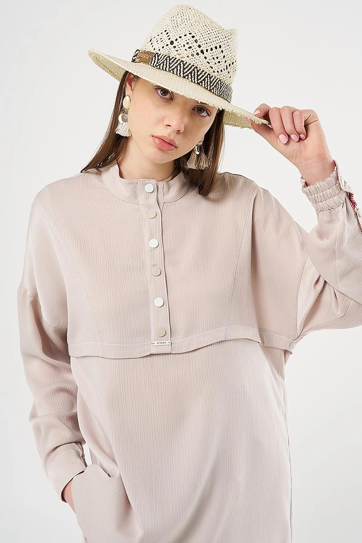 Snap-Button Closure High-Neck Sweatshirt in Stone